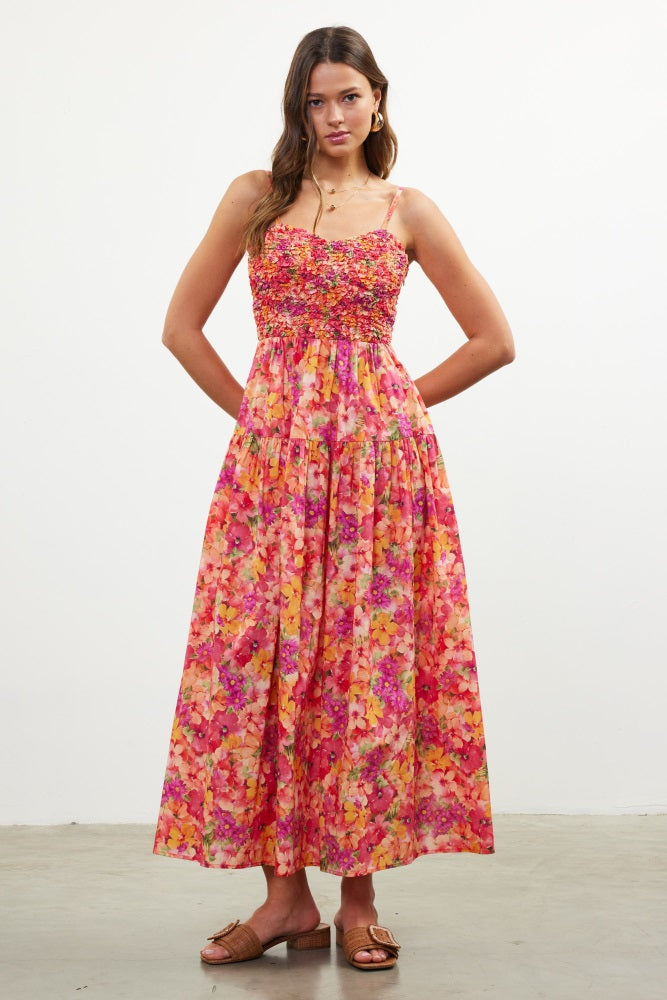 Coral Floral Textured Smocked Maxi Dress – PinkBlush