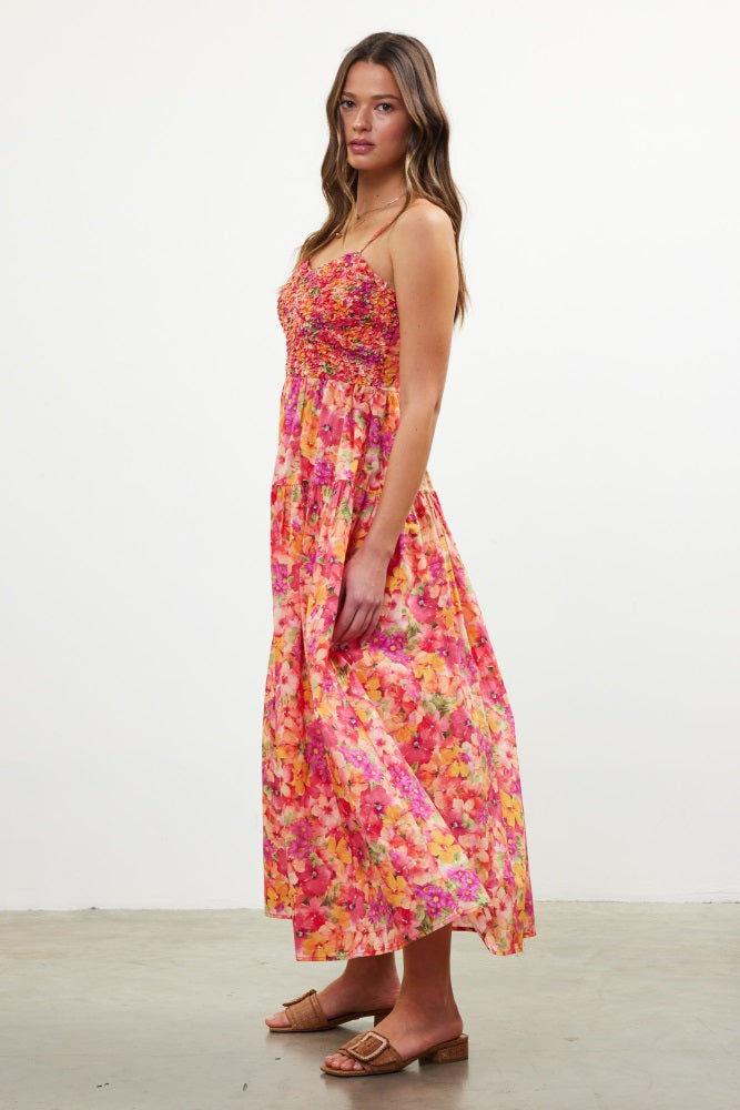 Coral Floral Textured Smocked Maxi Dress
