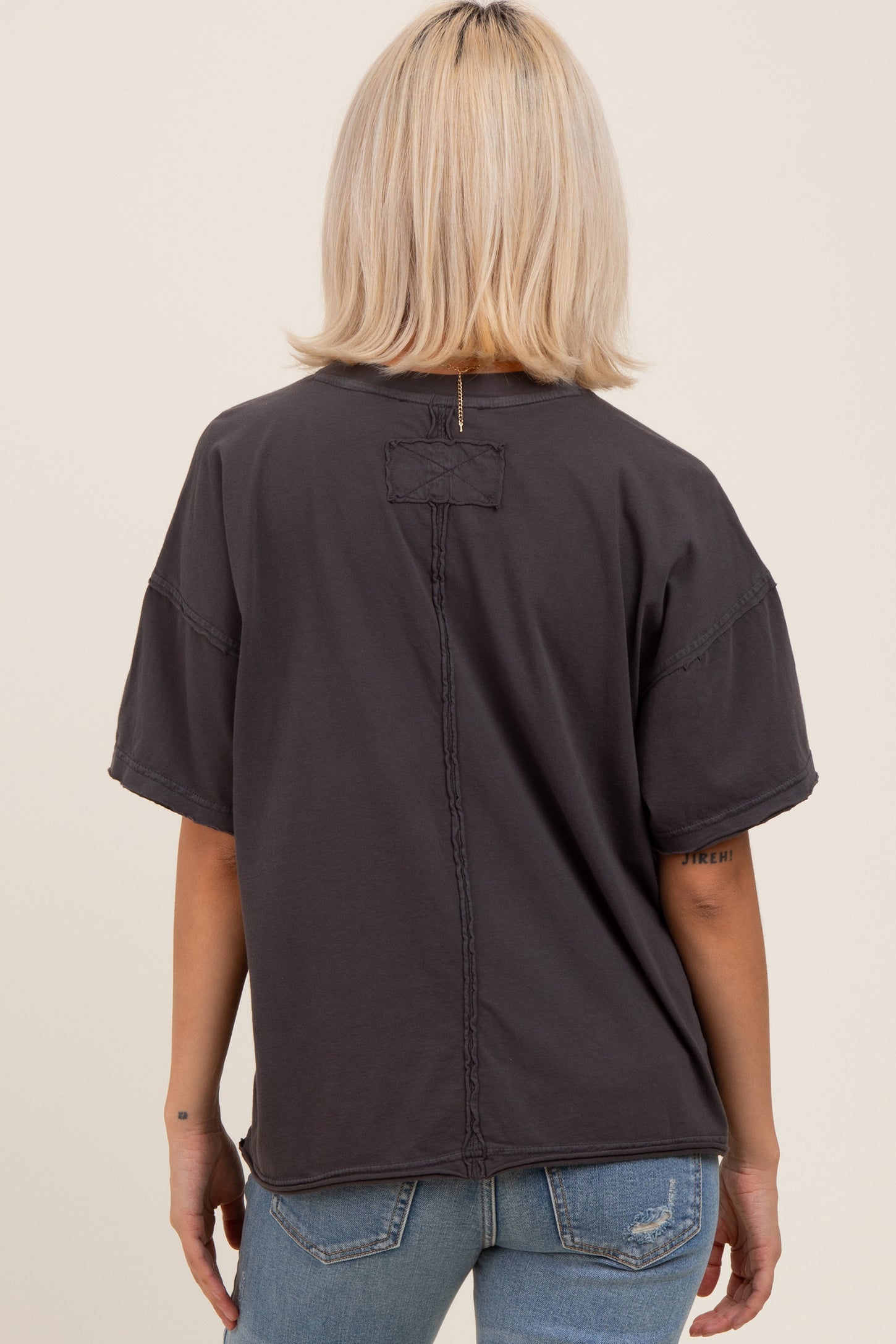Black Boxy Raw Edge Maternity Short Sleeve Tee