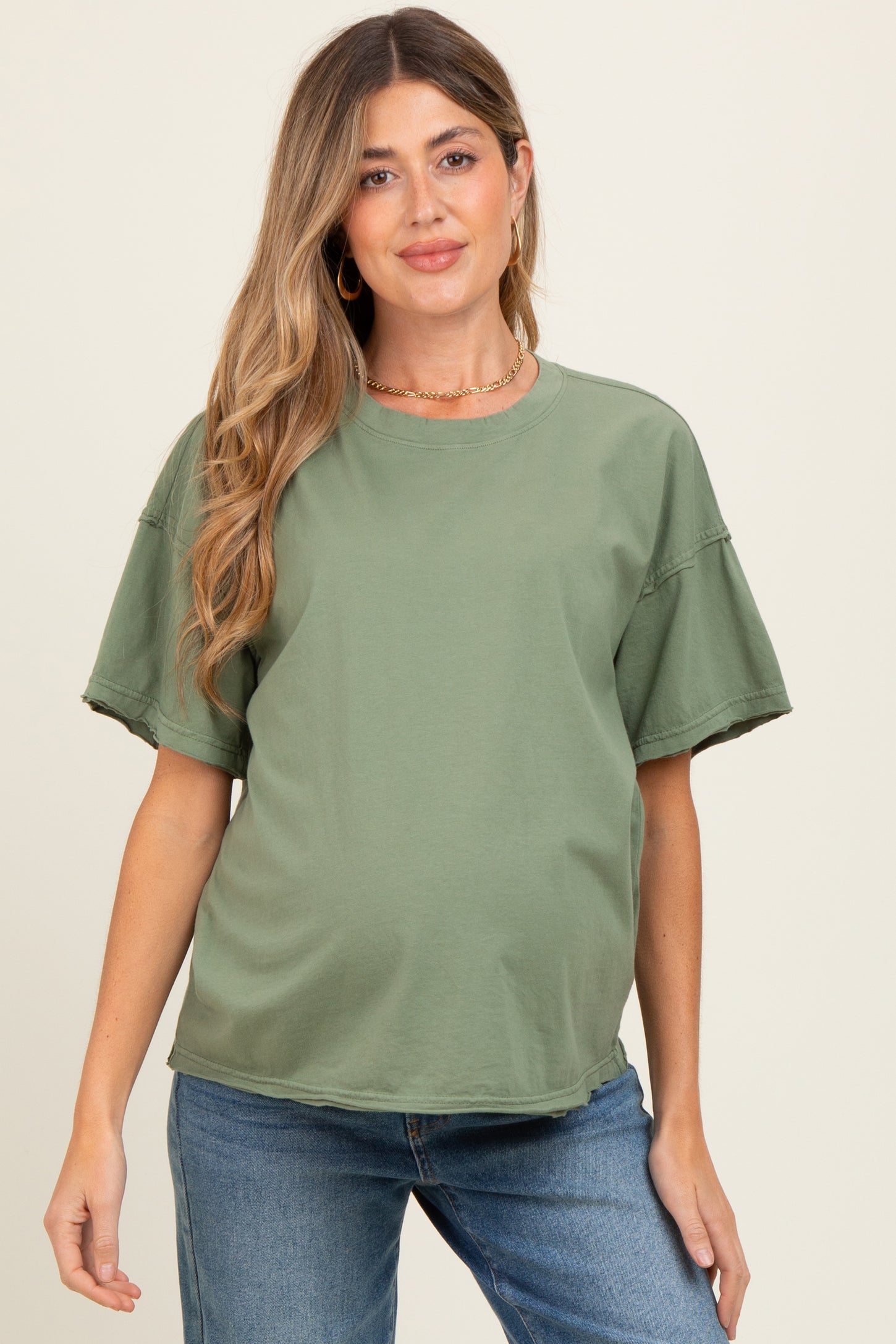 Olive Boxy Raw Edge Maternity Short Sleeve Tee