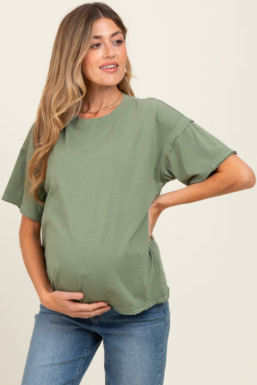 Olive Boxy Raw Edge Maternity Short Sleeve Tee