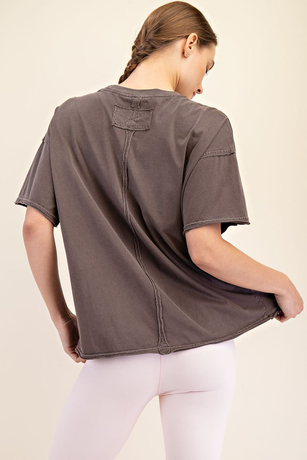 Mocha Boxy Raw Edge Short Sleeve Tee