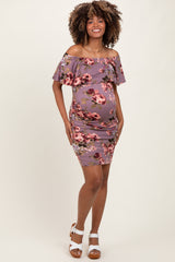 Mauve Floral Off Shoulder Maternity Fitted Dress