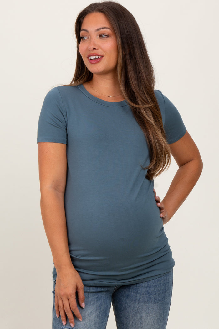 Blue Basic Short Sleeve Maternity Top