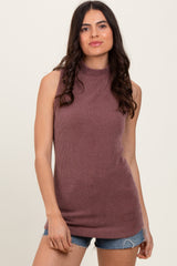 Brown Ribbed Mock Neck Sleeveless Top