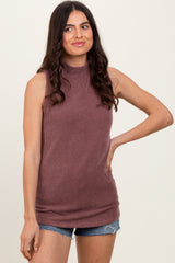 Brown Ribbed Mock Neck Sleeveless Top