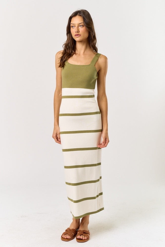 Olive Colorblock Striped Sleeveless Maxi Dress