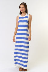Blue Ribbed Striped Knit Sleeveless Maxi Dress