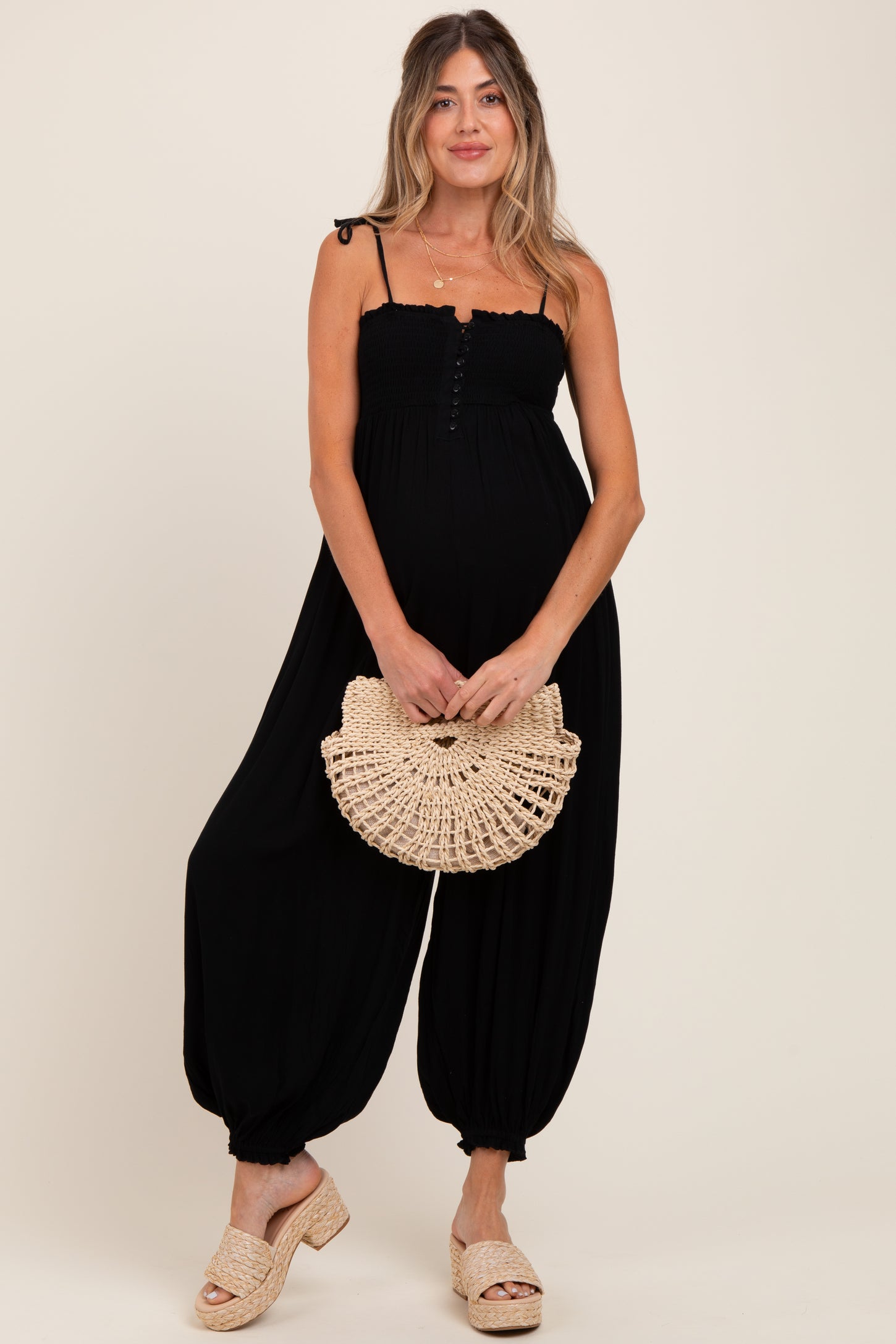 Black Smocked Button Front Shoulder Tie Maternity Jumpsuit
