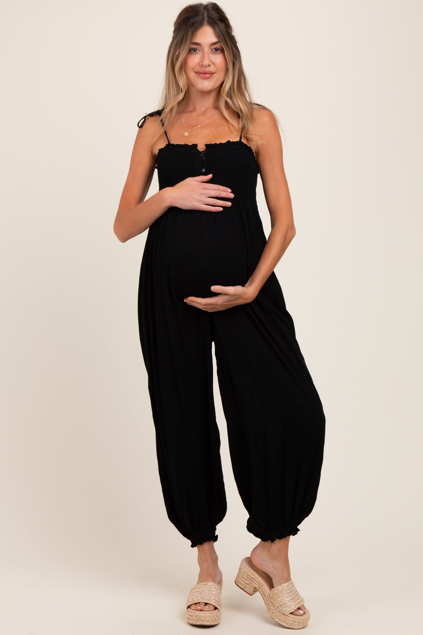 Black Smocked Button Front Shoulder Tie Maternity Jumpsuit
