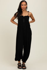 Black Smocked Button Front Shoulder Tie Maternity Jumpsuit