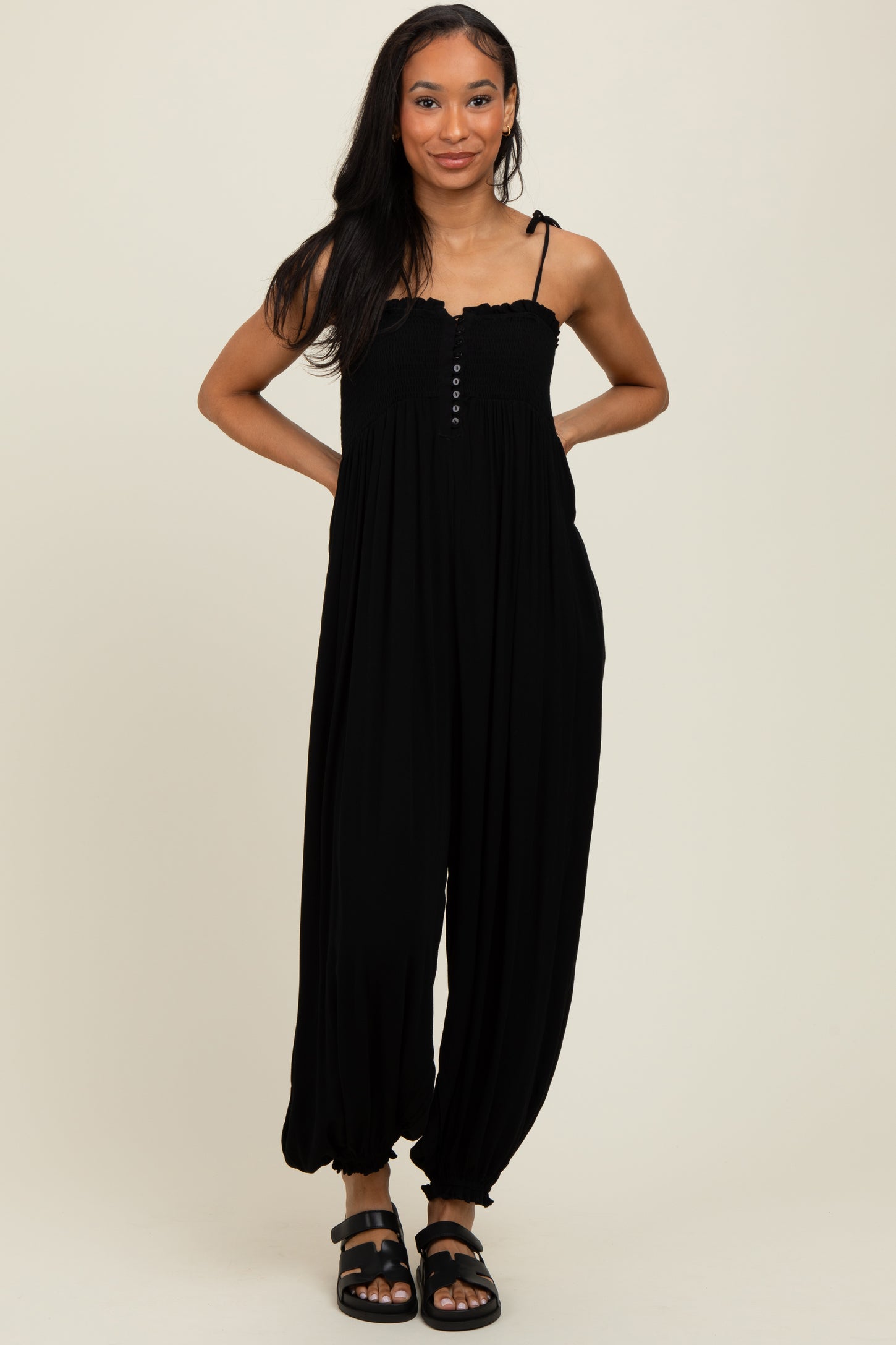 Black Smocked Button Front Shoulder Tie Maternity Jumpsuit