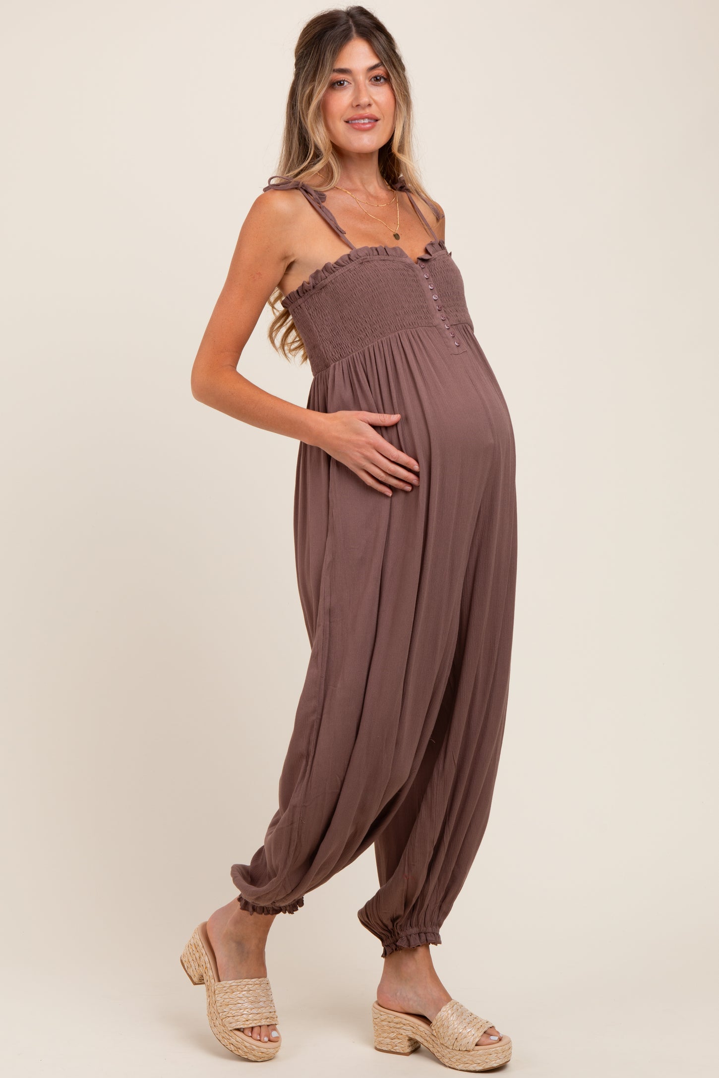 Mocha Smocked Button Front Shoulder Tie Maternity Jumpsuit