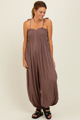 Mocha Smocked Button Front Shoulder Tie Jumpsuit