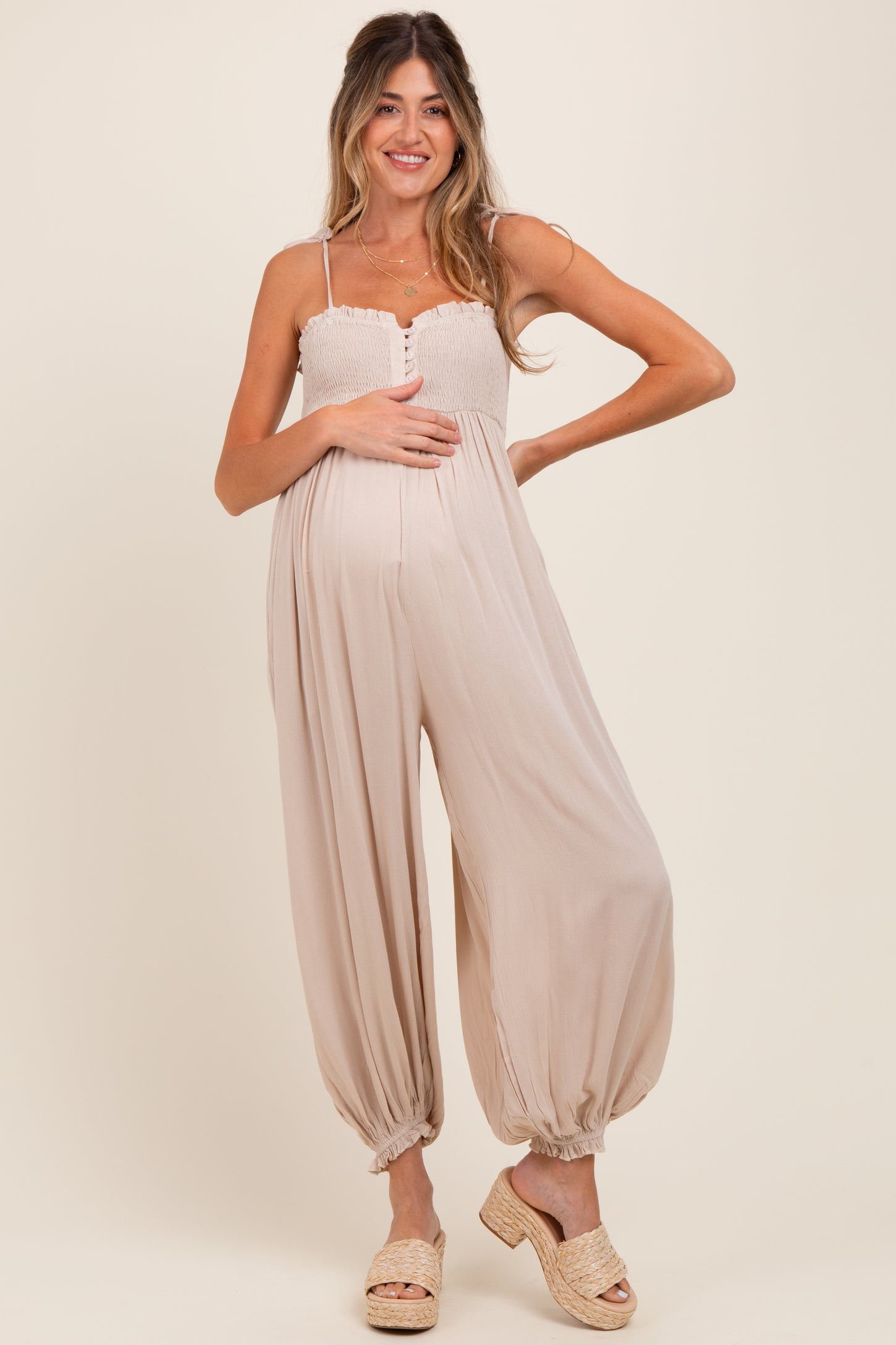 Beige Smocked Button Front Shoulder Tie Maternity Jumpsuit
