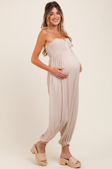 Beige Smocked Button Front Shoulder Tie Maternity Jumpsuit