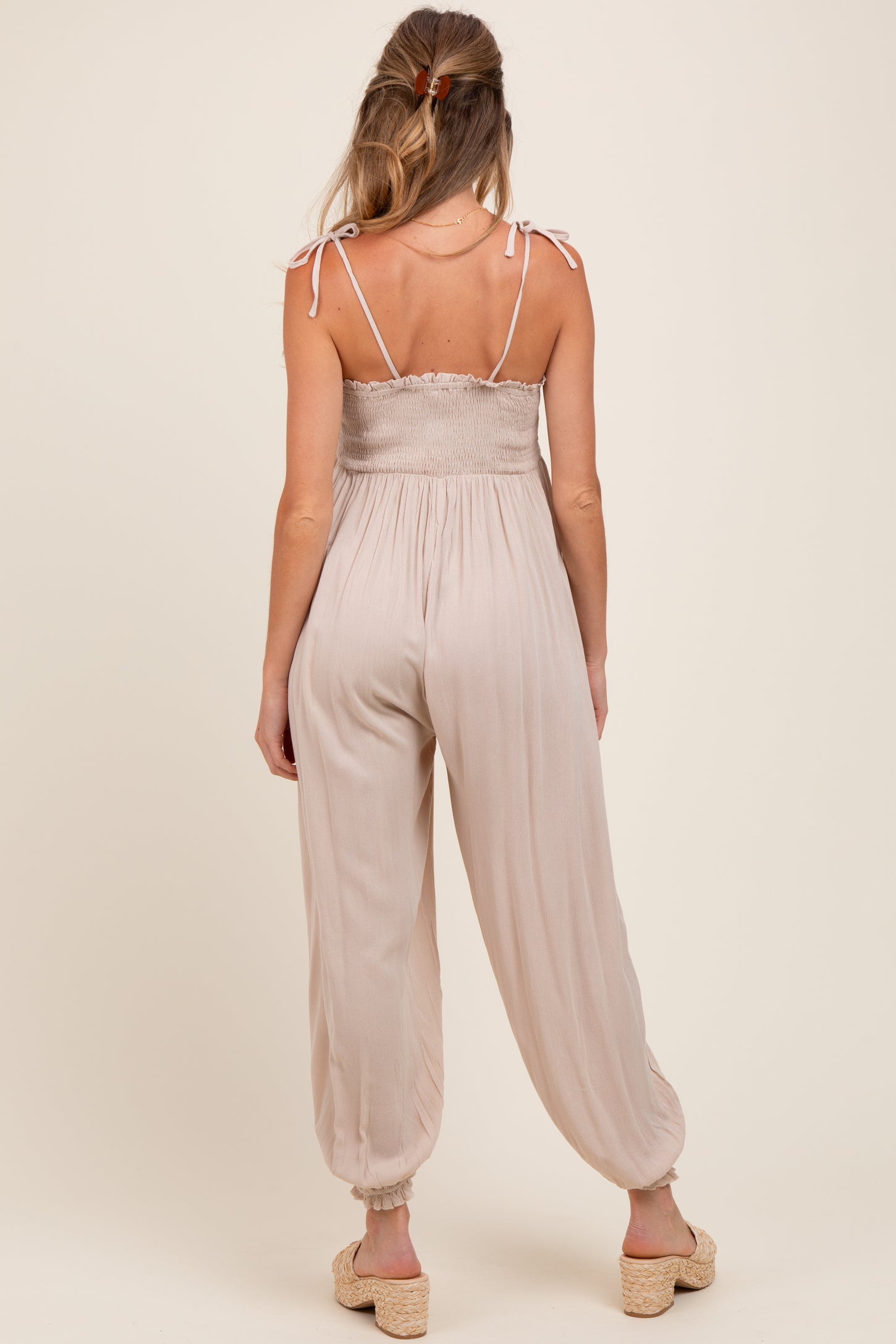 Beige Smocked Button Front Shoulder Tie Maternity Jumpsuit