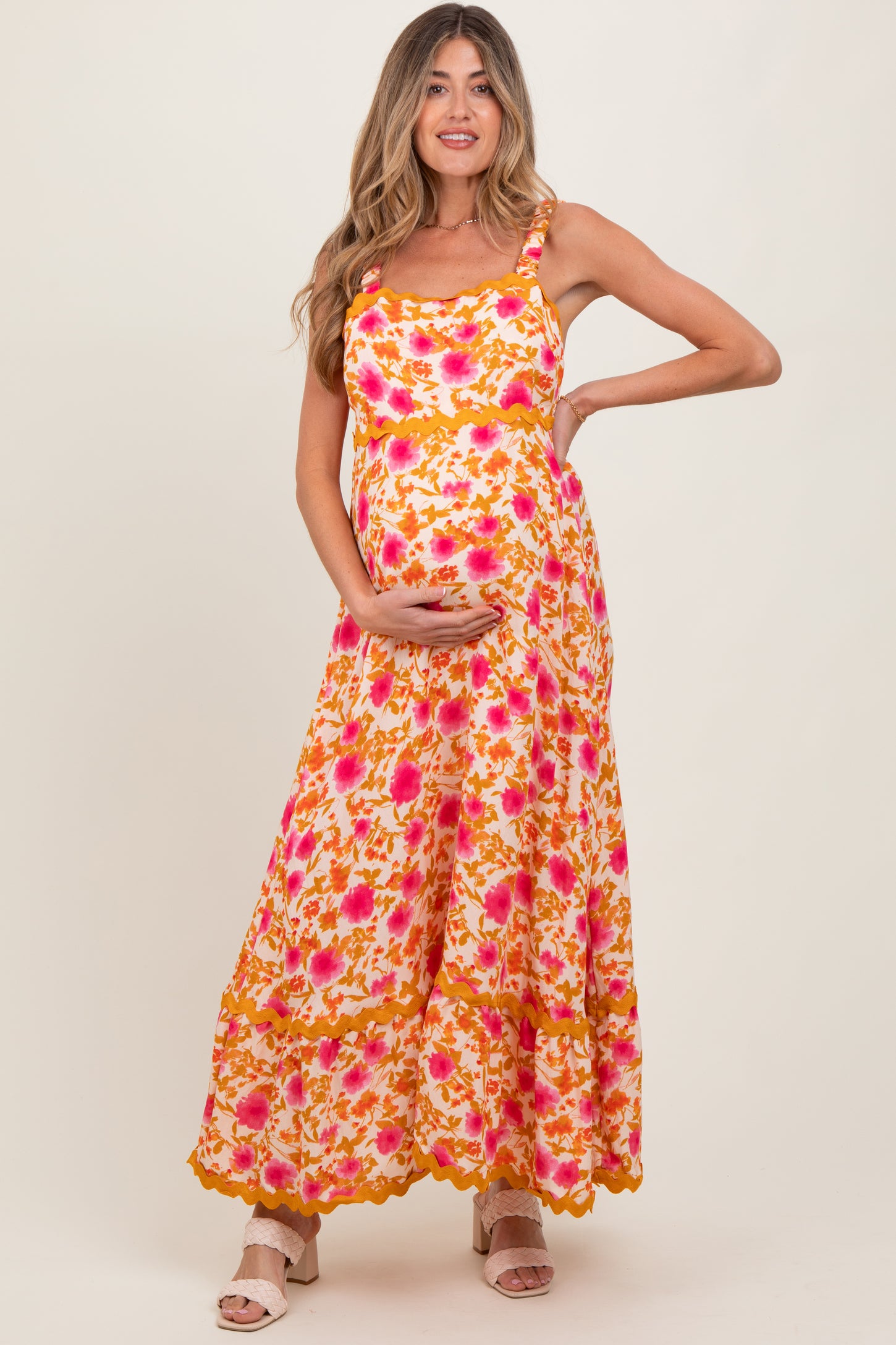 Peach Floral Contrast Wavy Trim Maternity Maxi Dress