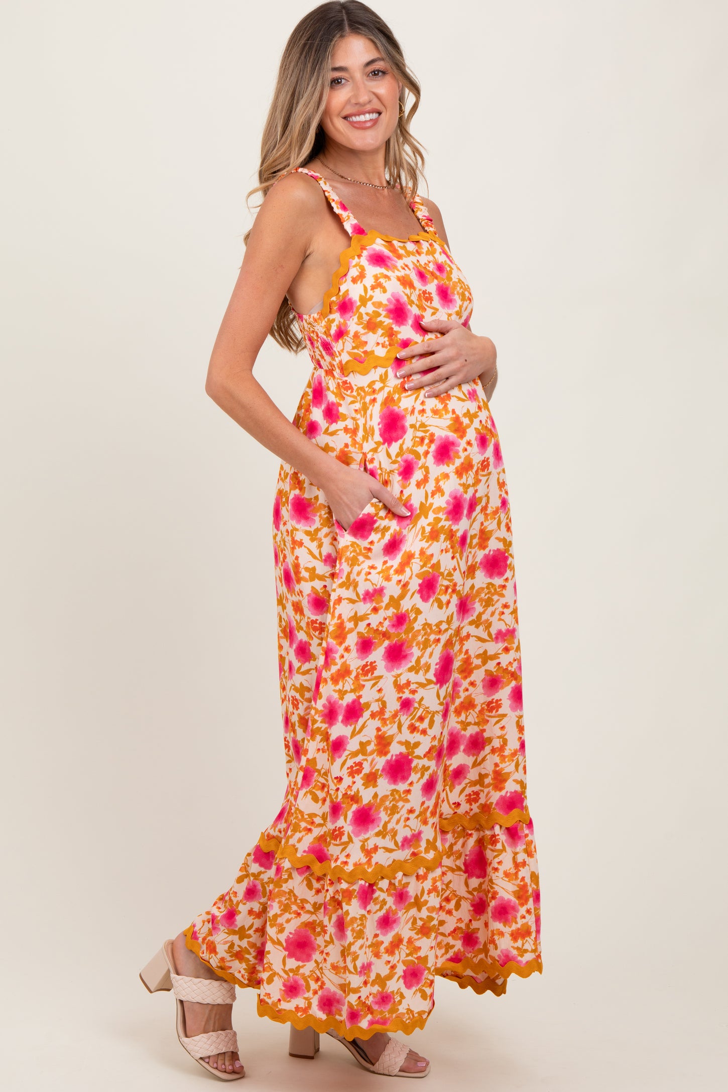Peach Floral Contrast Wavy Trim Maternity Maxi Dress