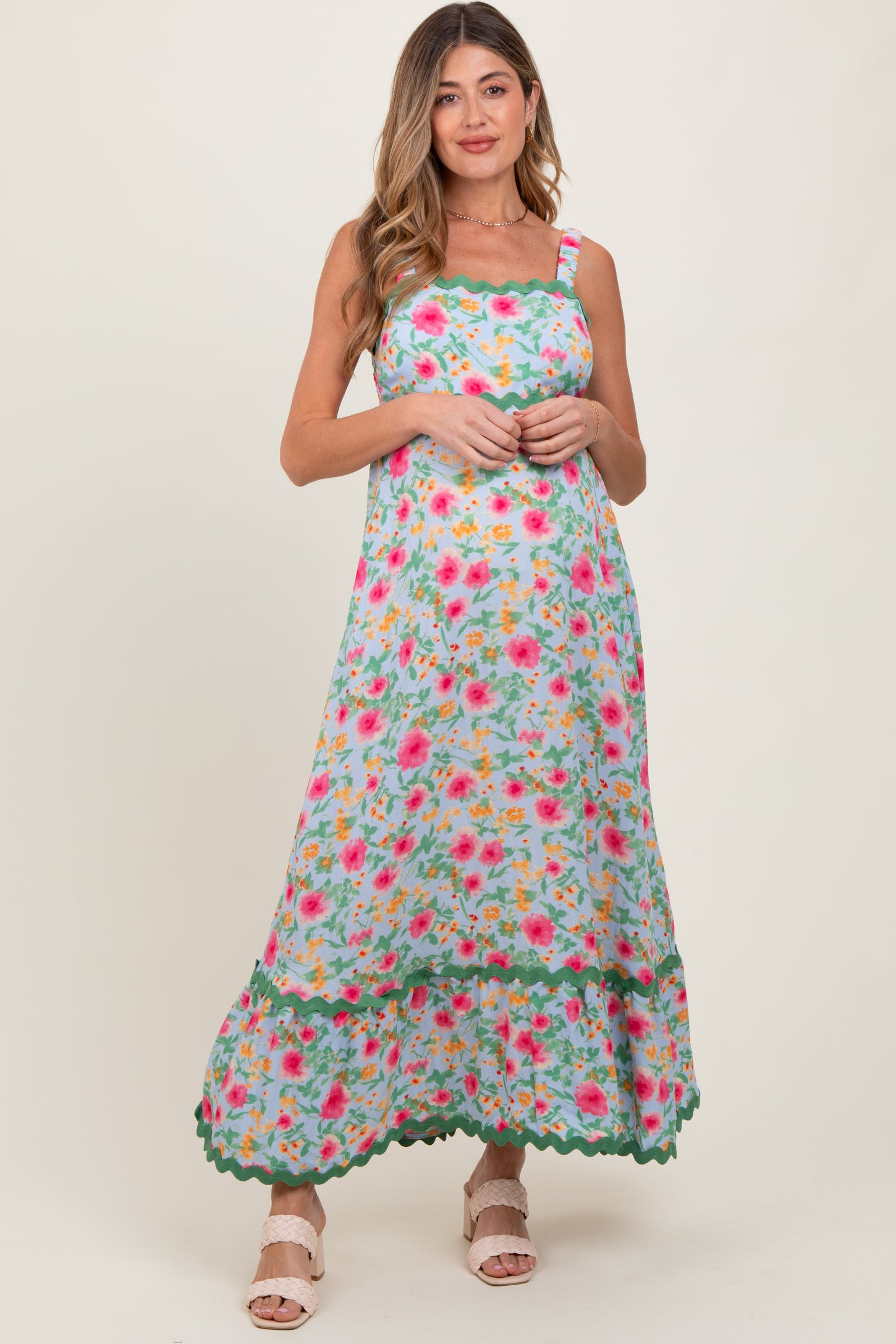Blue Floral Contrast Wavy Trim Maternity Maxi Dress