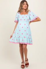 Blue Embroidered Detail Smocked Tie Back Maternity Dress