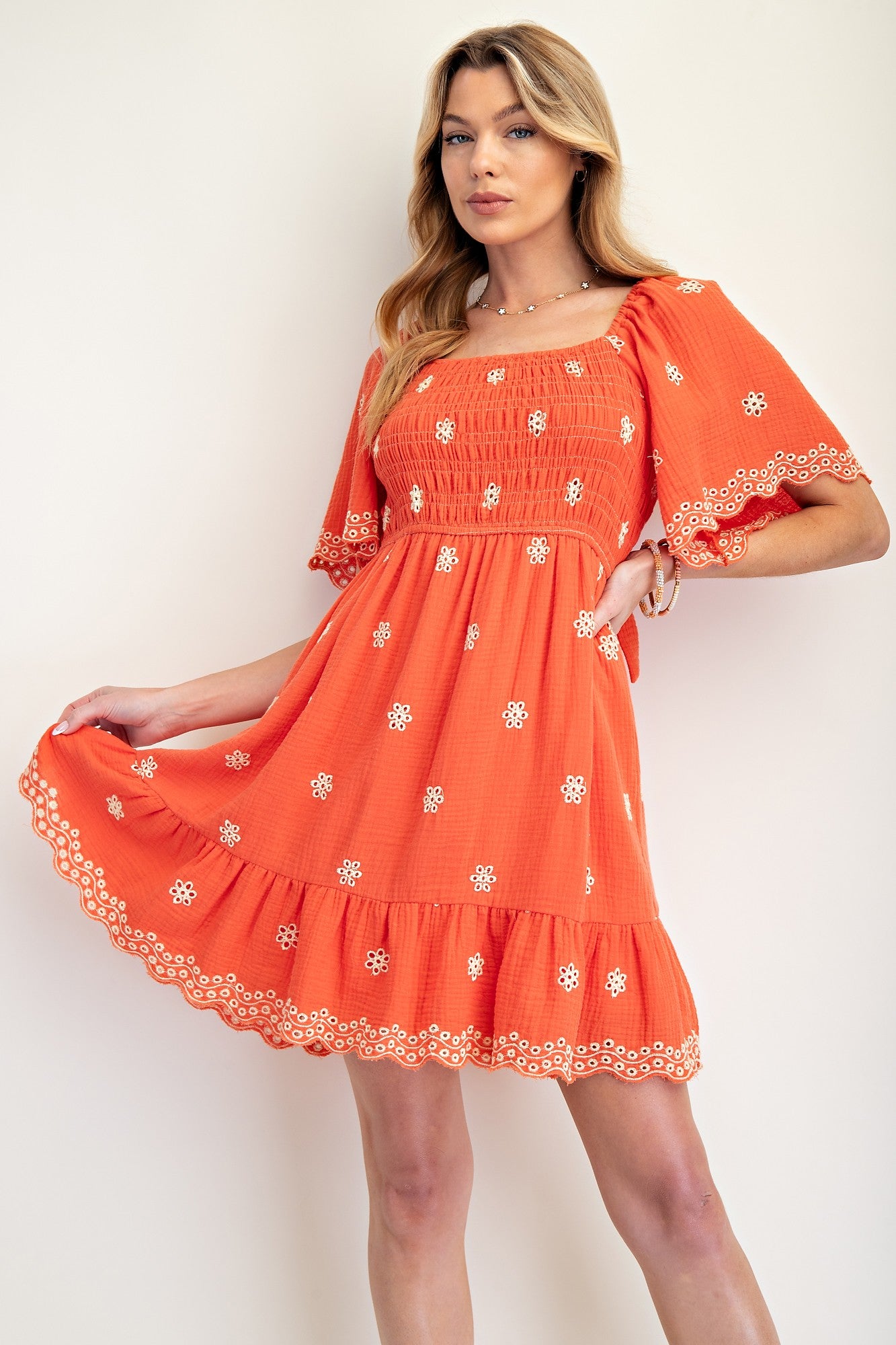 Orange Embroidered Detail Smocked Tie Back Dress