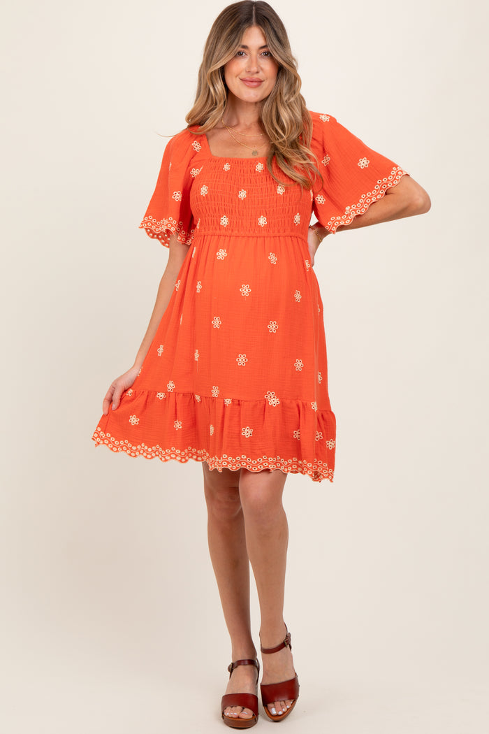 Orange Embroidered Detail Smocked Tie Back Maternity Dress