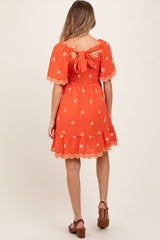 Orange Embroidered Detail Smocked Tie Back Maternity Dress