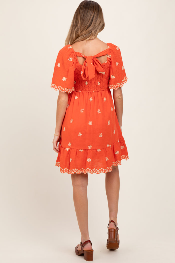 Orange Embroidered Detail Smocked Tie Back Maternity Dress