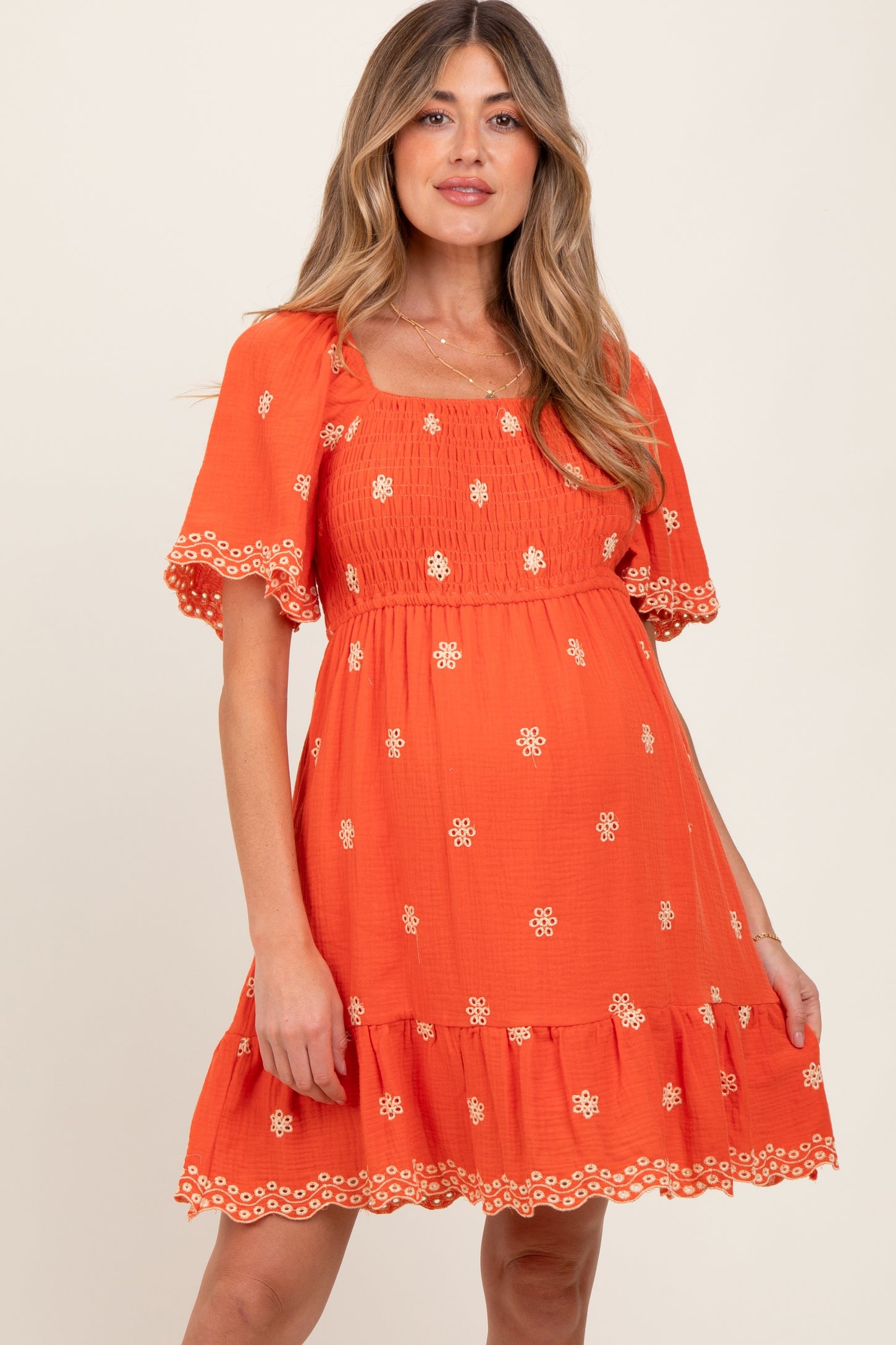 Orange Embroidered Detail Smocked Tie Back Maternity Dress