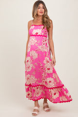 Fuchsia Floral Wavy Trim Maternity Maxi Dress