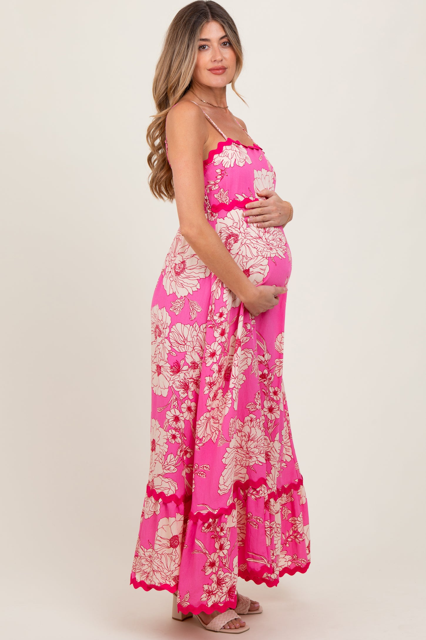 Fuchsia Floral Wavy Trim Maternity Maxi Dress