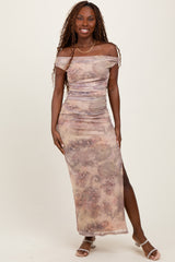 Light Taupe Floral Off Shoulder Ruched Maternity Maxi Dress