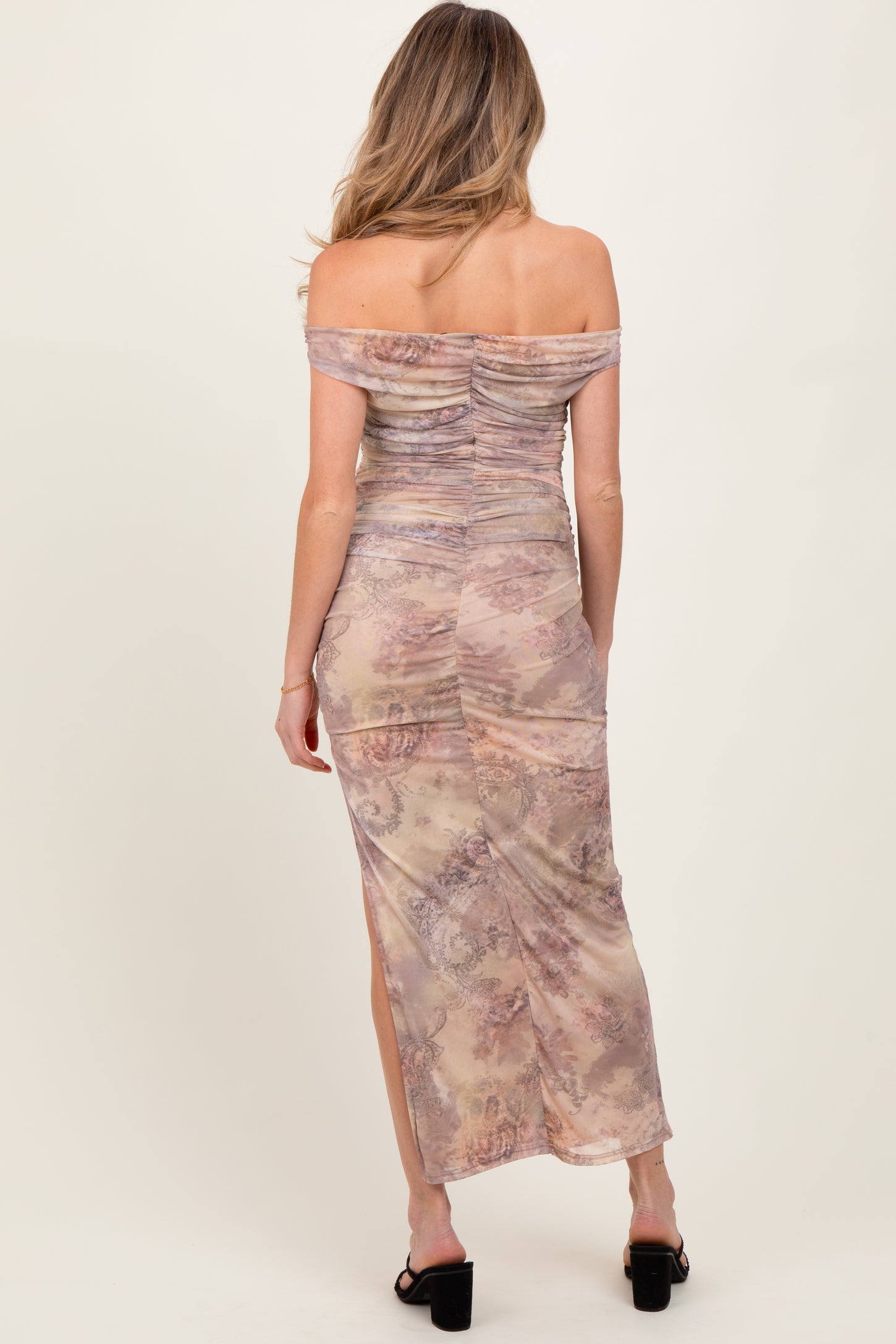 Light Taupe Floral Off Shoulder Ruched Maternity Maxi Dress