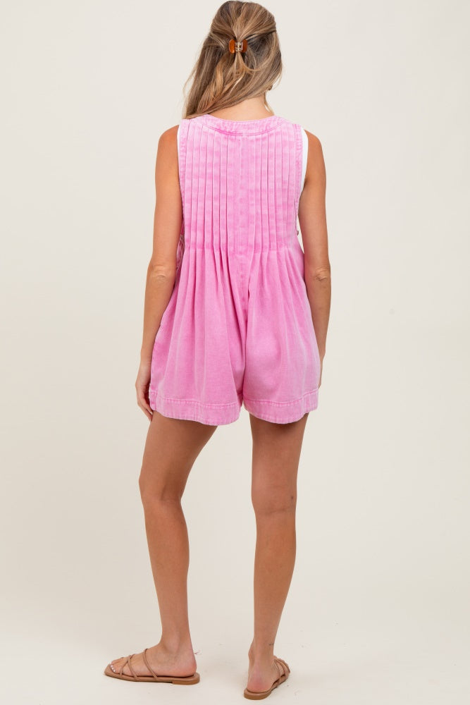 Pink Deep V-Neck Pleated Front Tie Sleeveless Maternity Romper