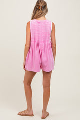 Pink Deep V-Neck Pleated Front Tie Sleeveless Maternity Romper