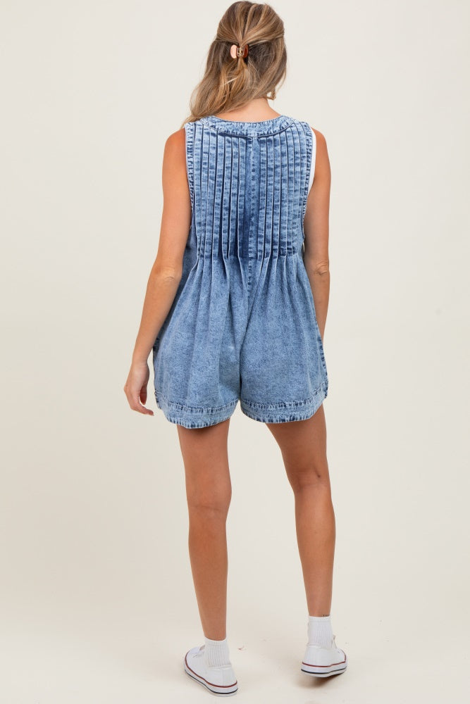 Blue Deep V-Neck Pleated Front Tie Sleeveless Maternity Romper