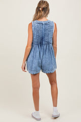 Blue Deep V-Neck Pleated Front Tie Sleeveless Maternity Romper