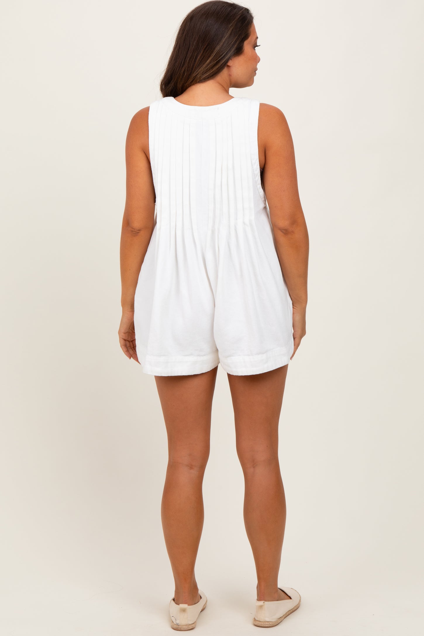 Cream Deep V-Neck Pleated Front Tie Sleeveless Maternity Romper