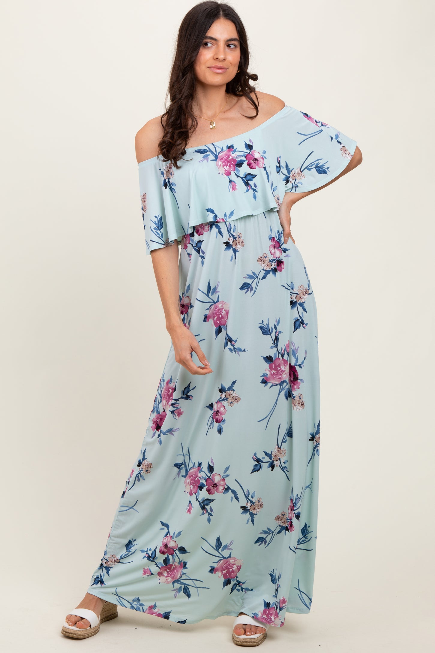 Mint Off Shoulder Floral Ruffle Maternity Maxi Dress
