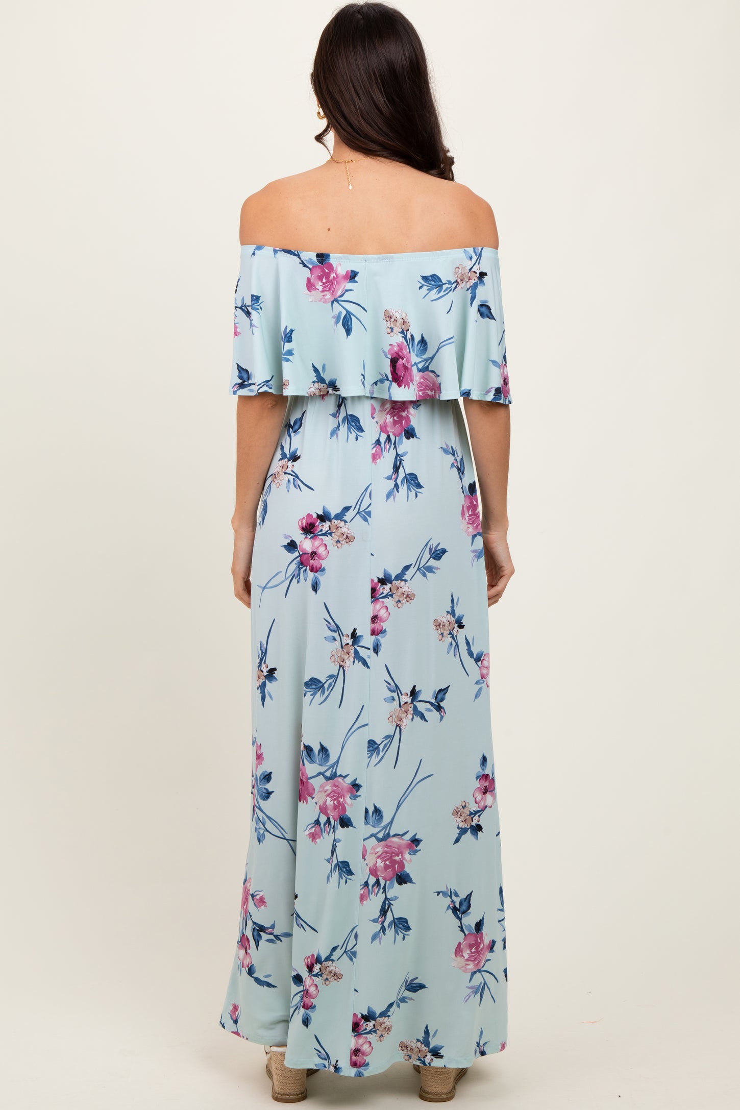 Mint Off Shoulder Floral Ruffle Maxi Dress
