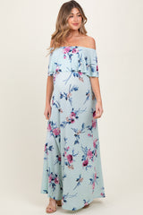 Mint Off Shoulder Floral Ruffle Maternity Maxi Dress