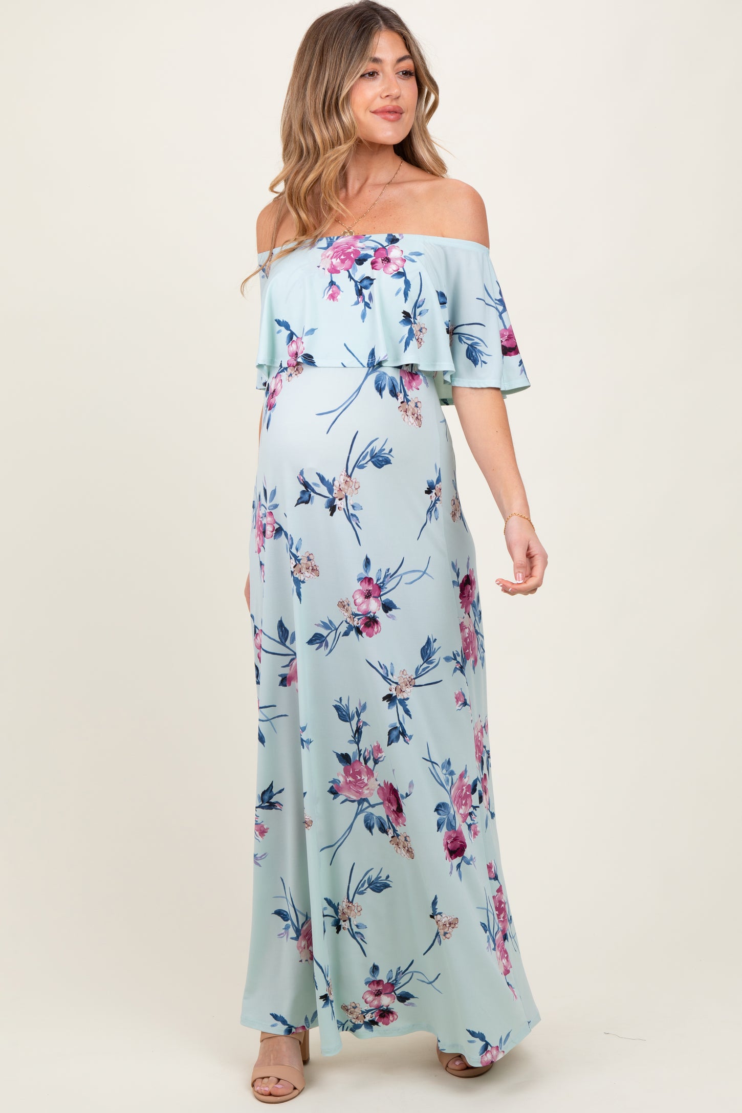 Mint Off Shoulder Floral Ruffle Maternity Maxi Dress