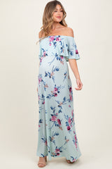 Mint Off Shoulder Floral Ruffle Maternity Maxi Dress