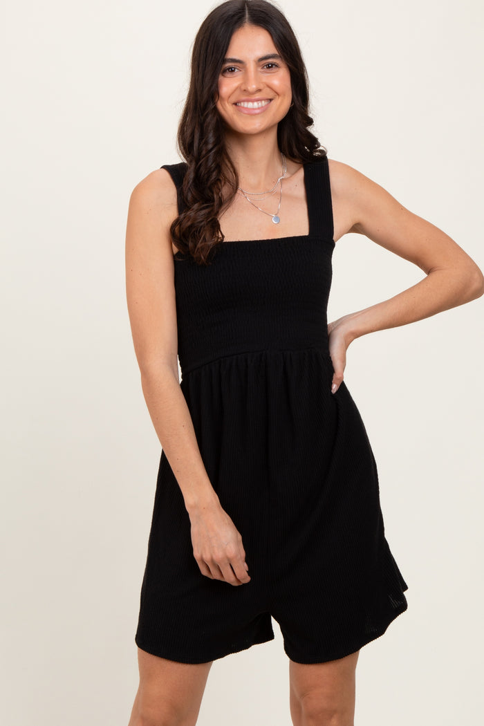 Black Ribbed Smocked Bodice Maternity Romper
