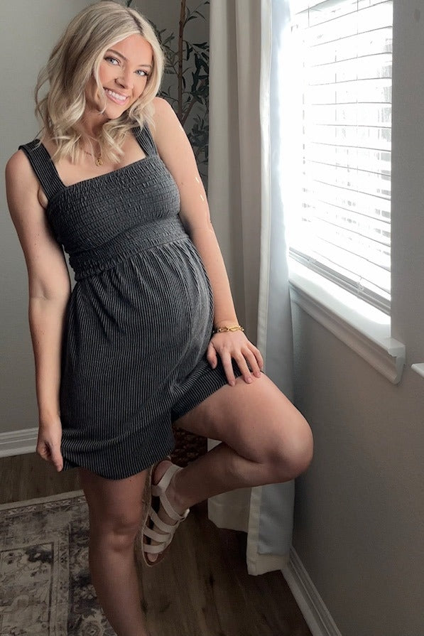 Charcoal Ribbed Smocked Bodice Maternity Romper