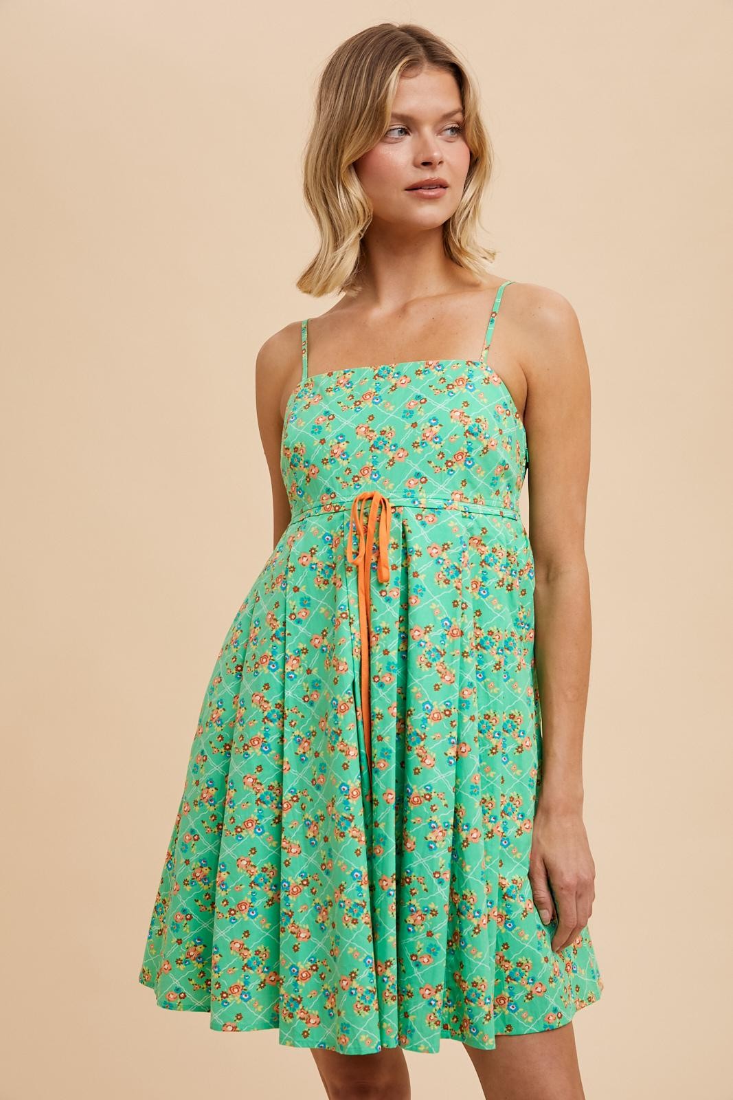 Green Floral Sleeveless Mini Dress