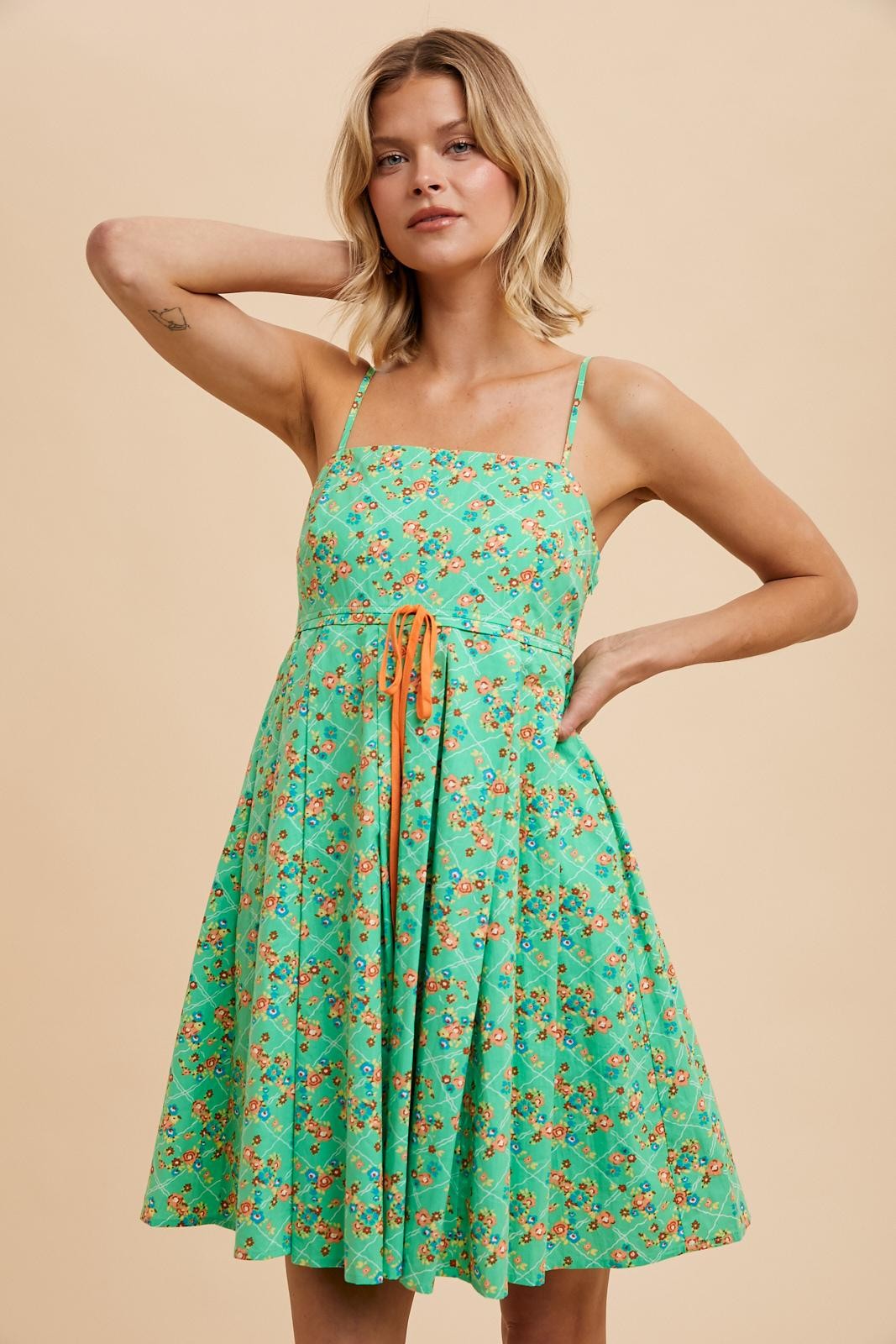Green Floral Sleeveless Mini Dress