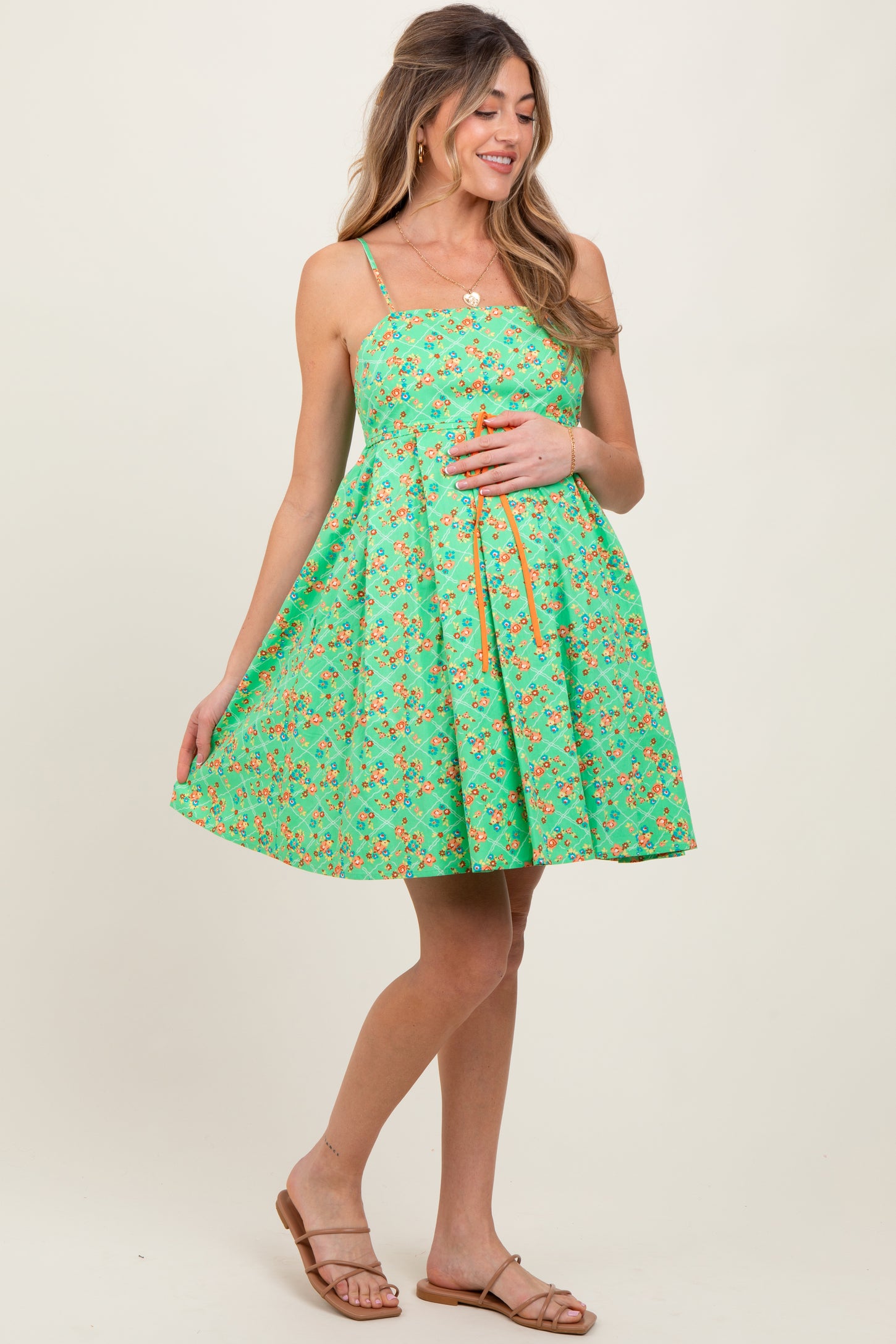 Green Floral Sleeveless Maternity Mini Dress