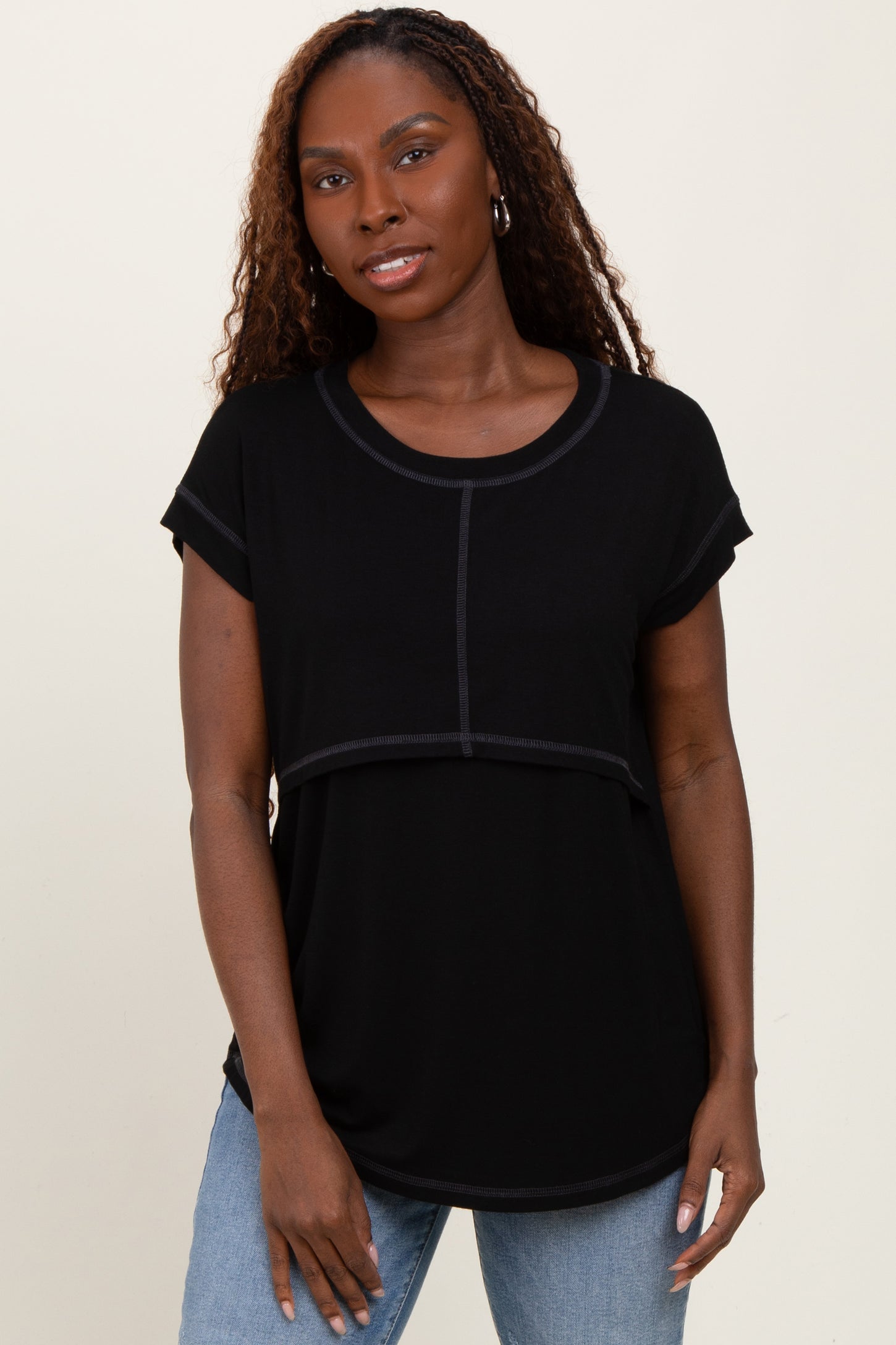 Black Double Layer Short Sleeve Nursing Top